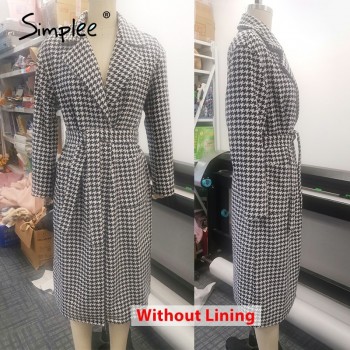 Simplee Fashion plaid wool coat women winter 2020 Houndstooth belt with pocket long coat Autumn warm thick tweed overcoat female
